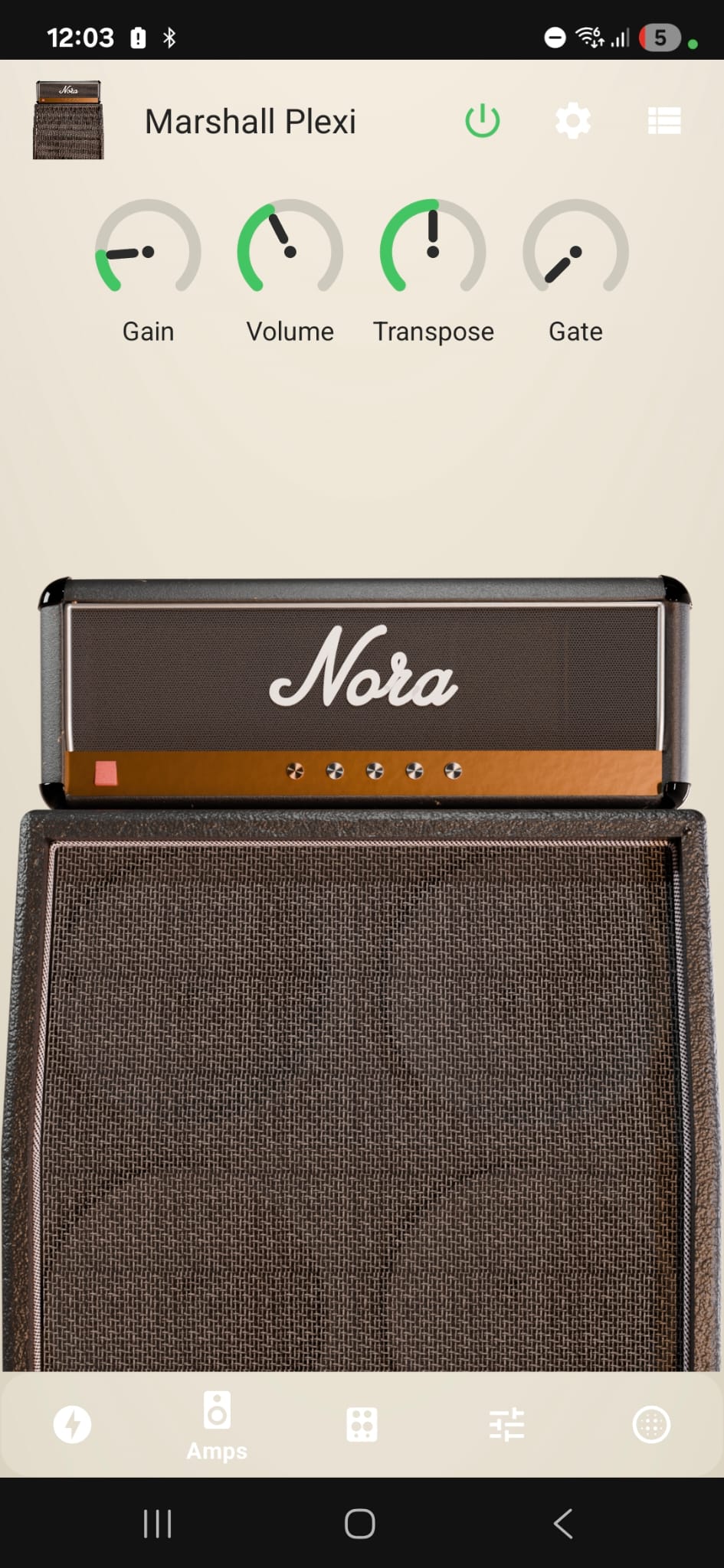 Nora FX amp screen with gain, volume, transpose and gate controls above the amp illustration
